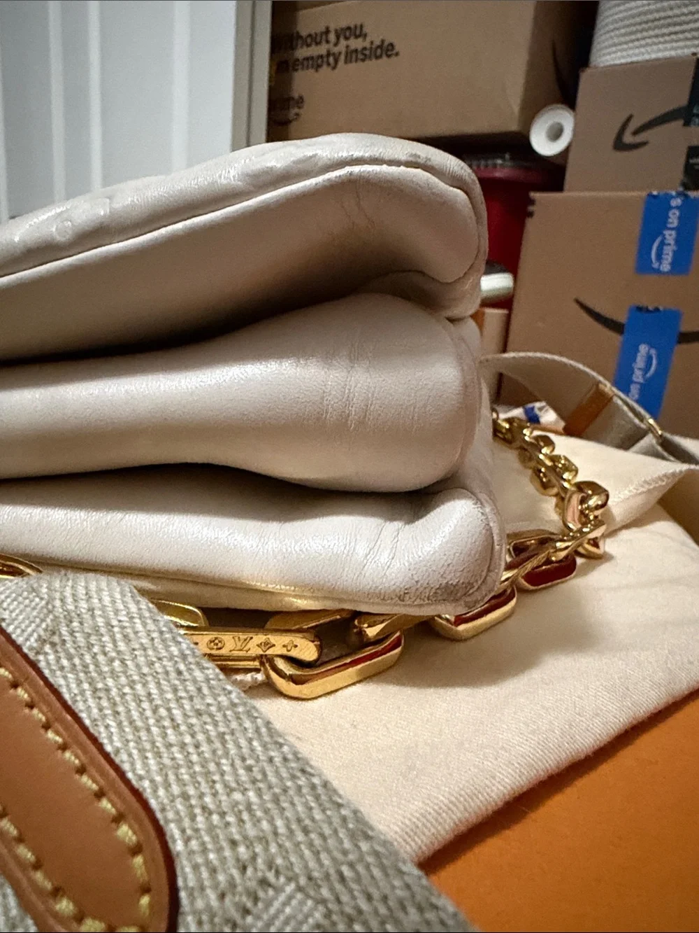 Louis Vuitton Cream Coussin PM Crossbody Bag with Gold Chain & adjustable strap